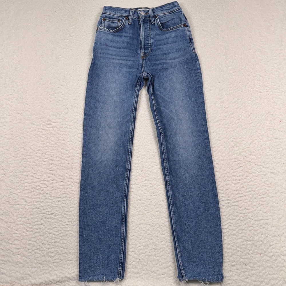 Re/Done Jeans Sz 24 90s High Rise Ankle Crop Frayed Hem Button Fly Indigo Storm